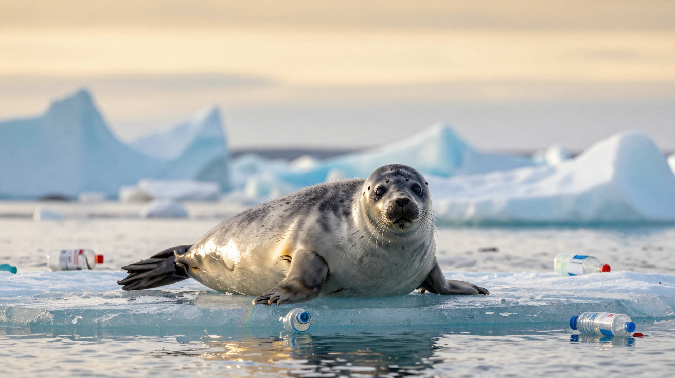 Seal lying on an ice floe surrounded by plastic bottles and pollution in the Arctic environment.