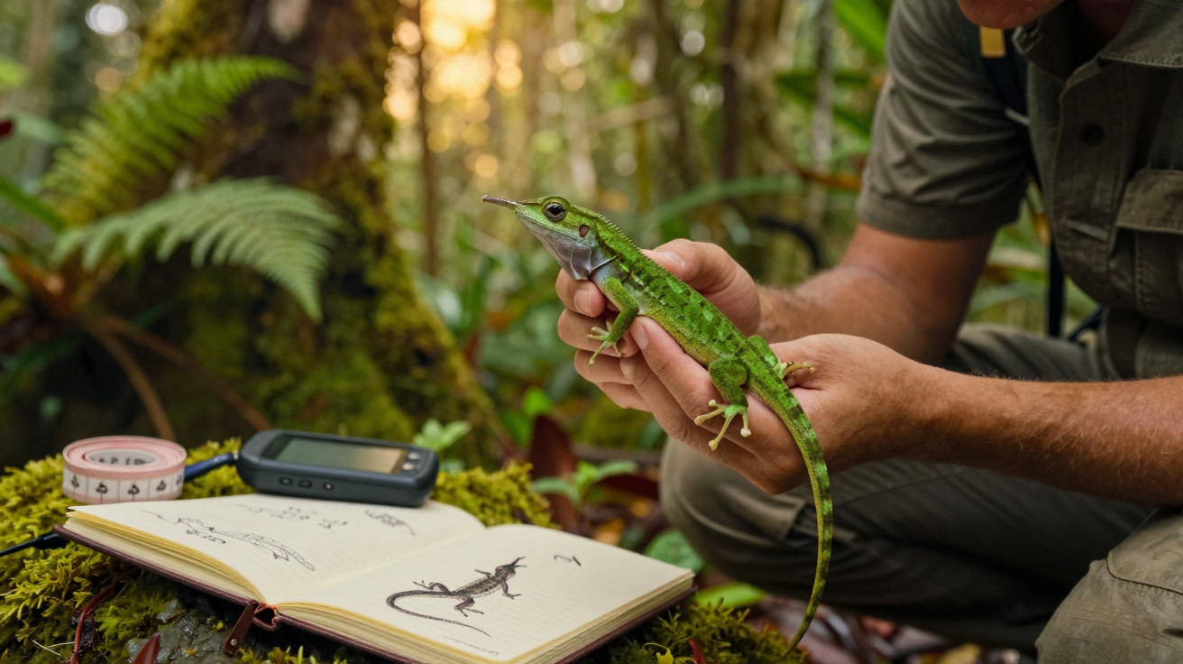 Person holding a green basilisk lizard with an open field journal and measuring tools in a forest setting.