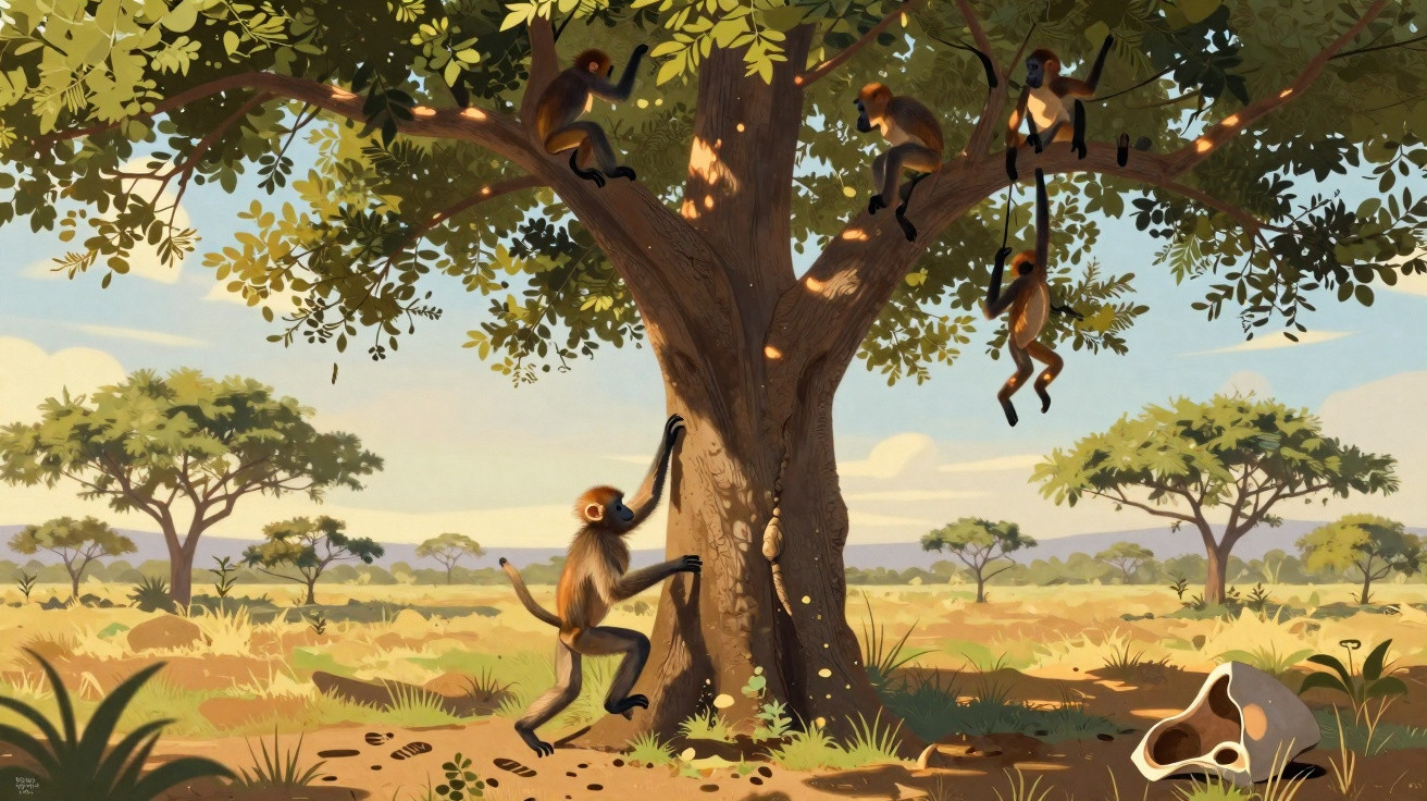 Group of monkeys climbing and hanging on a large tree in a sunlit savannah landscape with scattered acacia trees.