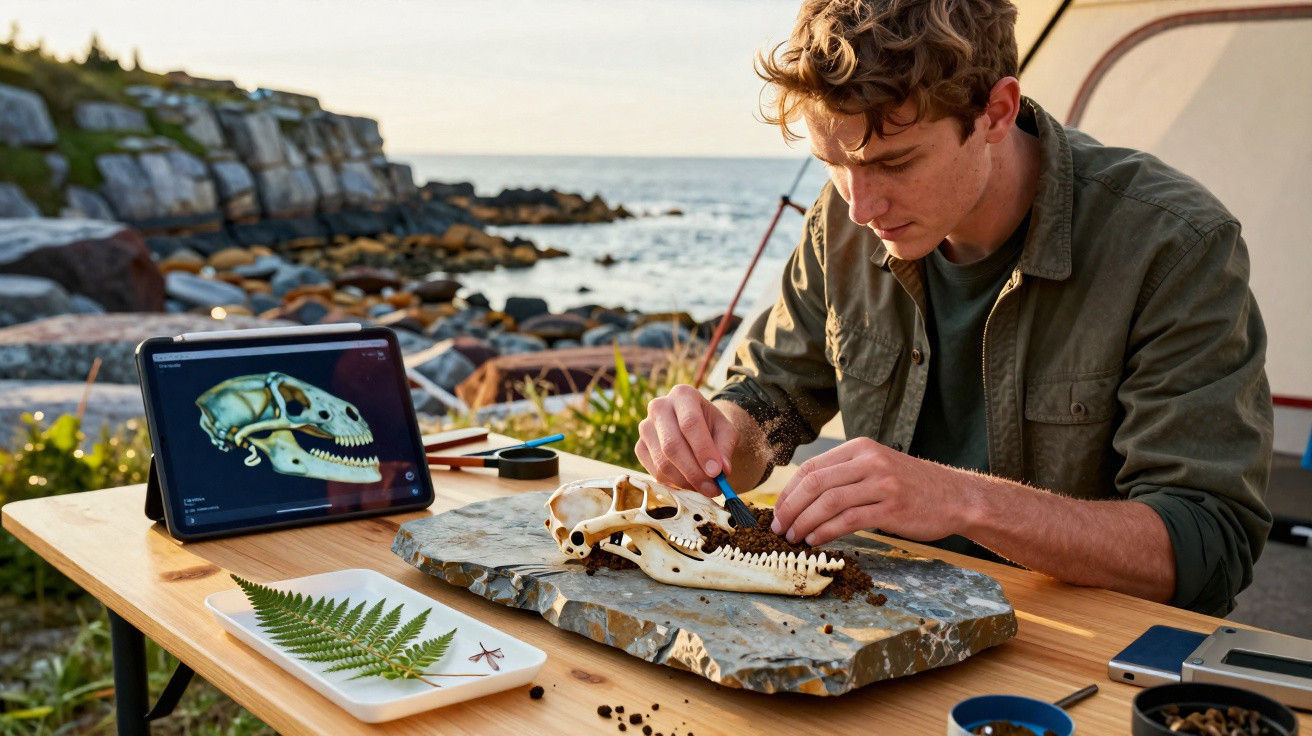 Young man excavates animal skull on rocky coast with digital reference and camping tent nearby