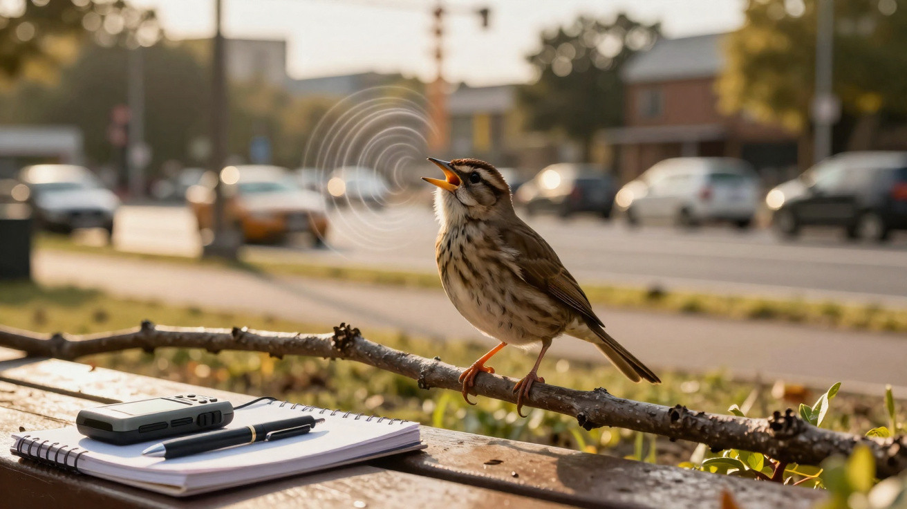 Small brown bird singing on a branch beside a notebook, pen, and recording device on a wooden bench outdoors.