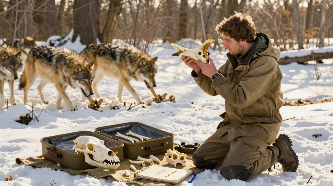 Man examines animal skull in snowy forest with three wolves and bone collection in open cases nearby.