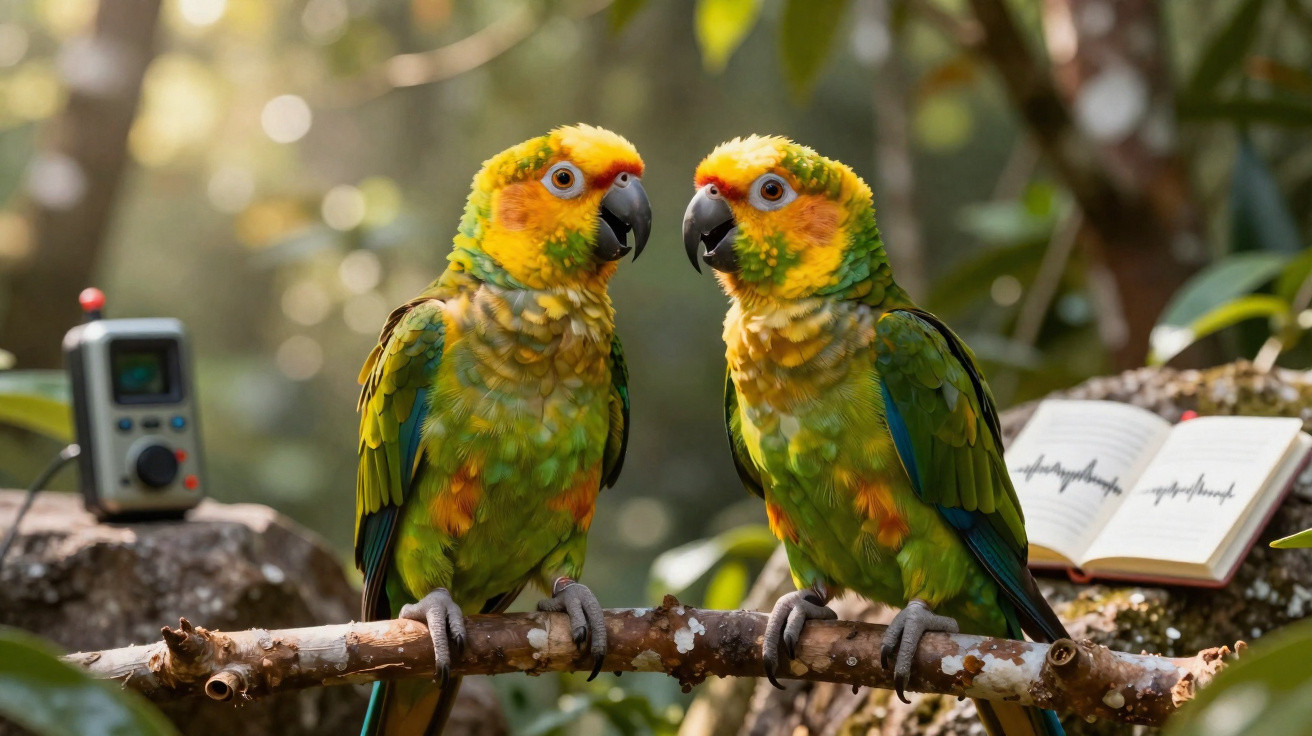 Two vibrant orange and green parrots perched on a branch with a book and a device in the background.
