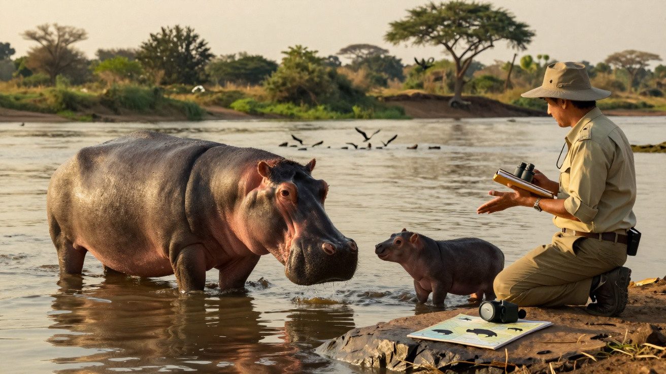 Researcher kneeling by riverbank observing adult and baby hippo in shallow water during daytime.