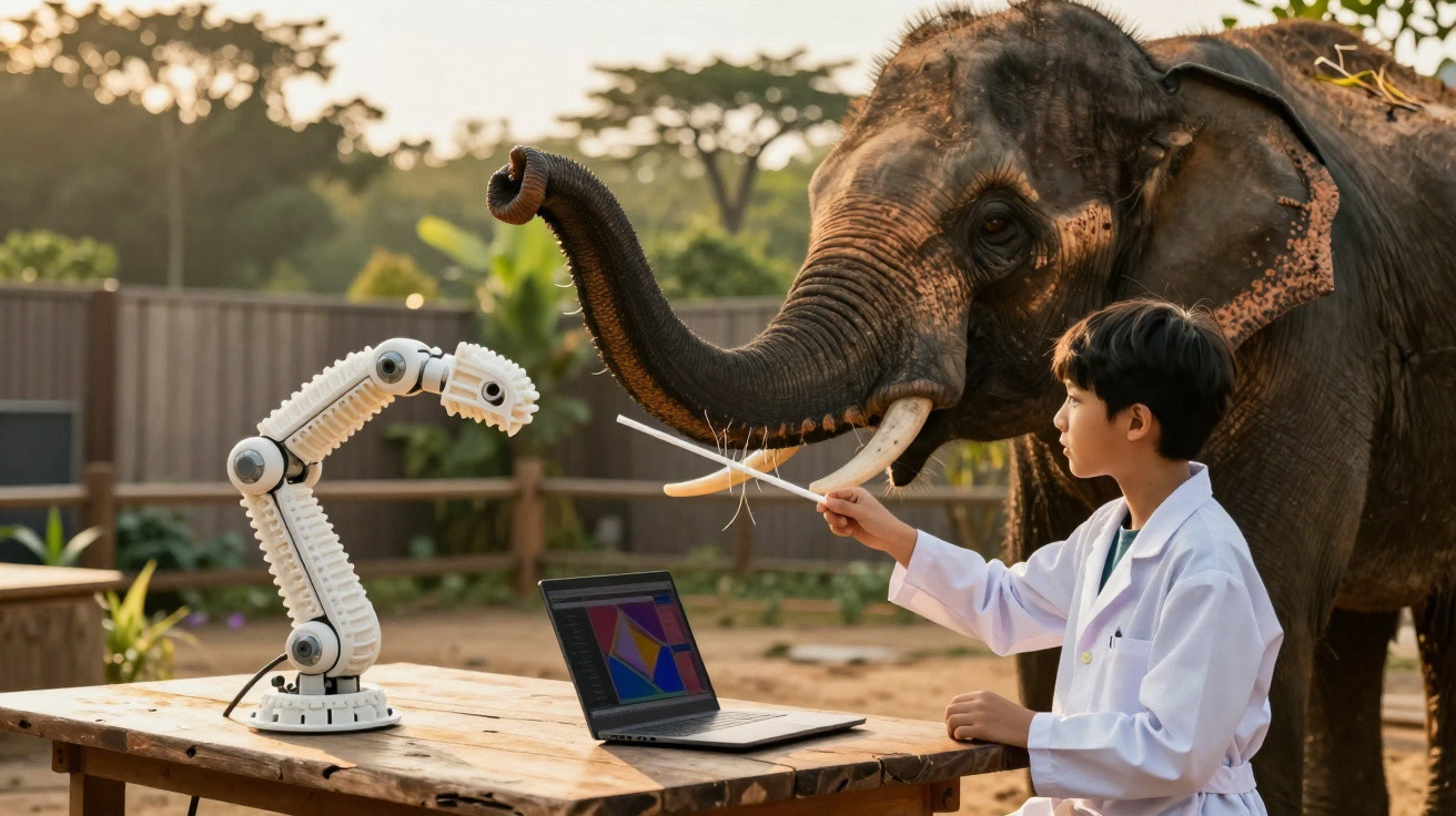 A boy in a white coat interacts with an elephant and a robotic arm on a wooden table outdoors.