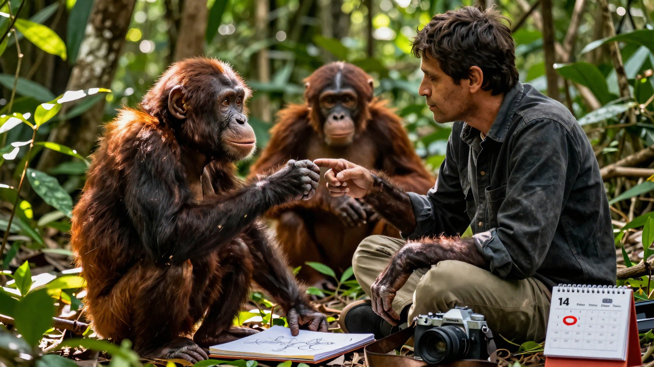 Man and two bonobos fist bumping in a forest with camera, calendar, and sketchbook nearby.