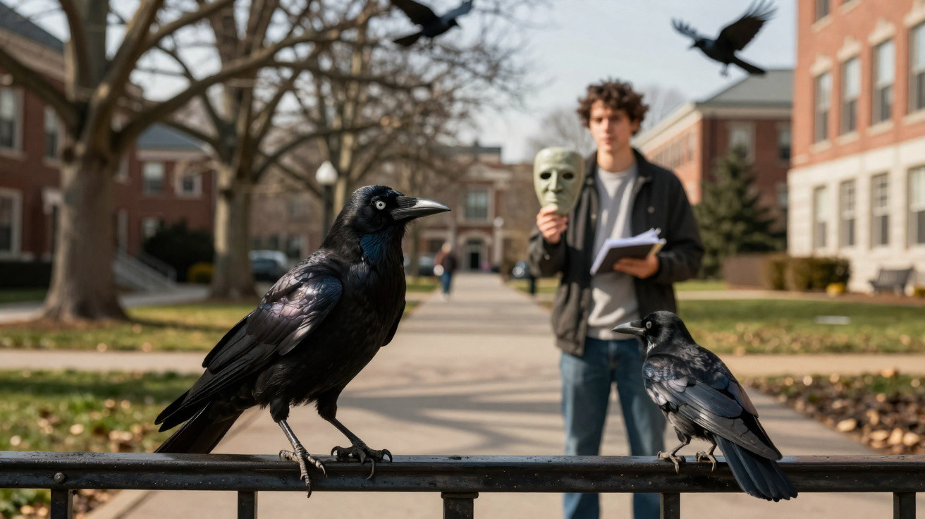Two glossy black crows perched on a fence with a young man holding a green mask and notebook in the background.