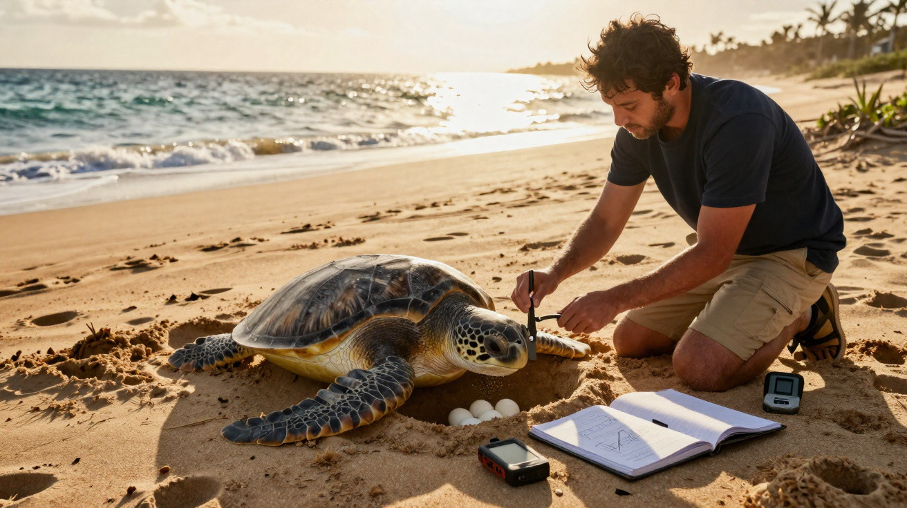 Researcher tagging a sea turtle on a sandy beach beside its nest of eggs at sunset.