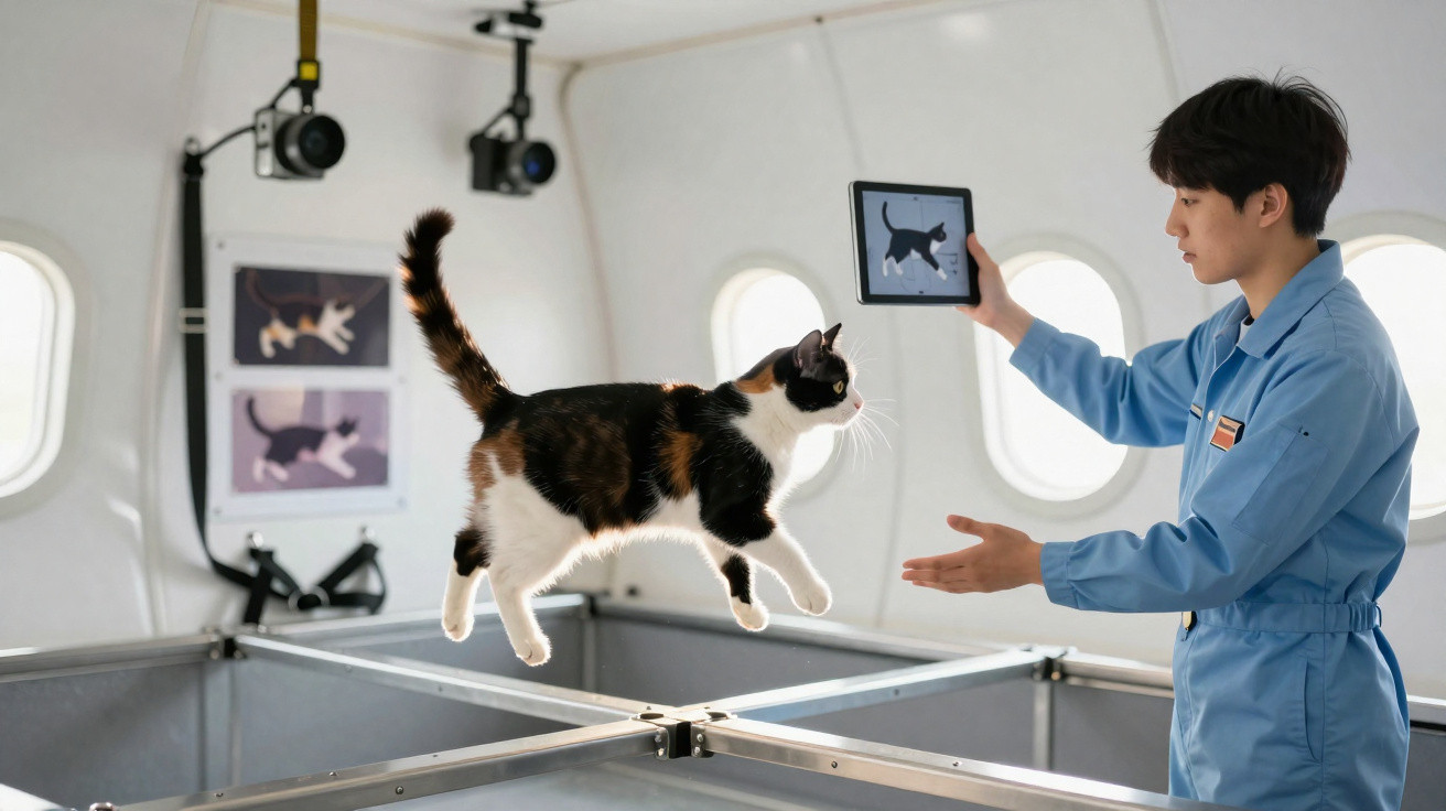 Person in blue lab coat holds tablet showing a cat image while a calico cat jumps inside a white room with cameras.