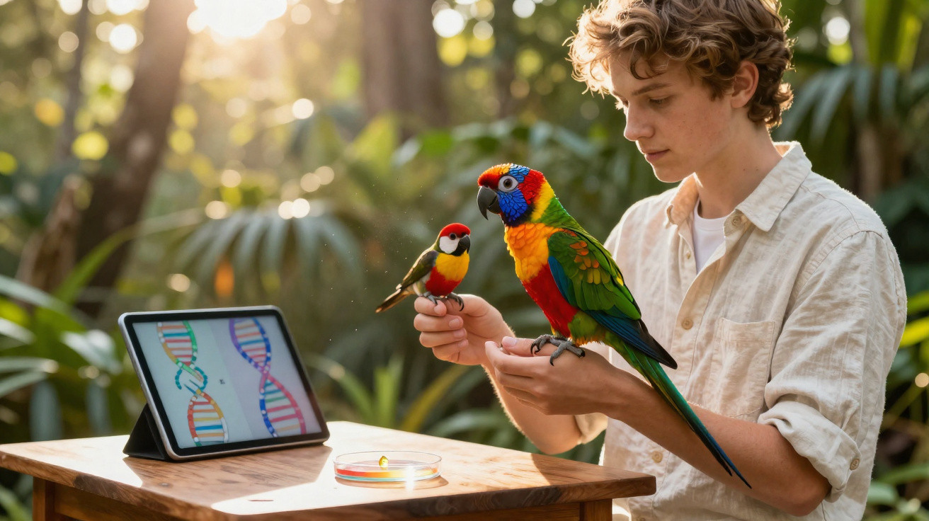 Young person holding two colourful parrots near a tablet showing DNA images in a sunlit outdoor setting.
