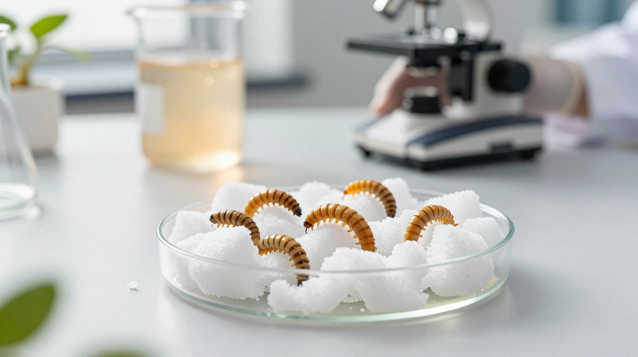 Close-up of mealworms on white foam pieces in a petri dish with a blurred microscope in the background