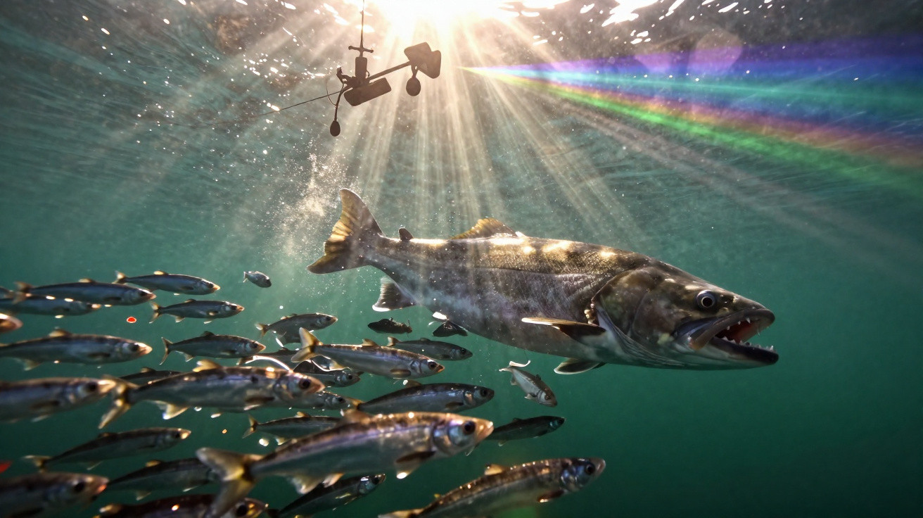 Underwater view of a large fish swimming among smaller fish beneath sunlight and a sensor device.