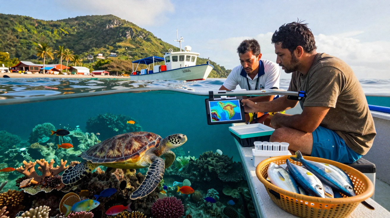 Two men on a boat studying marine life with a tablet, basket of fish, and underwater sea turtle and coral reef visible.