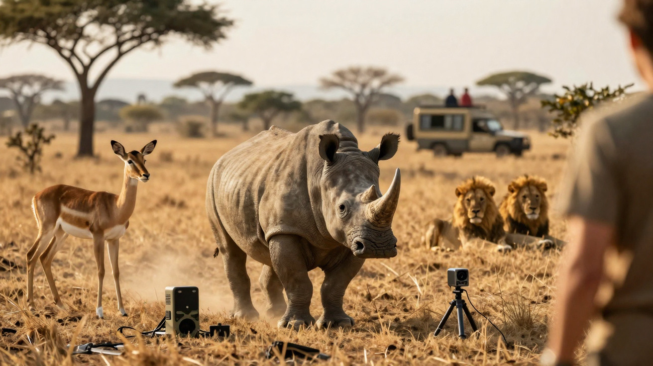 A rhinoceros, antelope, two lions, and a person in a dry savannah with safari vehicles and cameras.