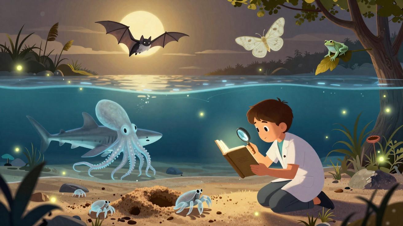 Boy with magnifying glass reading by pond at night surrounded by glowing creatures, octopus, shark, bat, butterfly and frog.