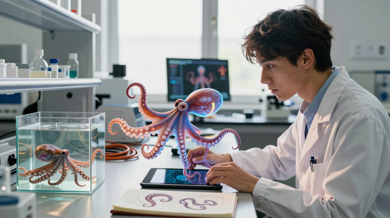 Scientist using digital tablet to study a holographic octopus in a laboratory with a real octopus in a tank nearby.