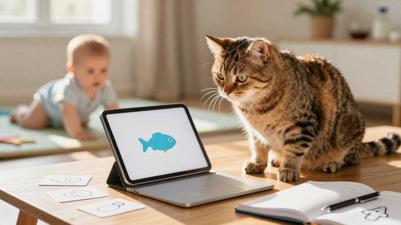 Tabby cat sitting on a wooden table next to a laptop displaying a fish icon, with a baby crawling in the background.