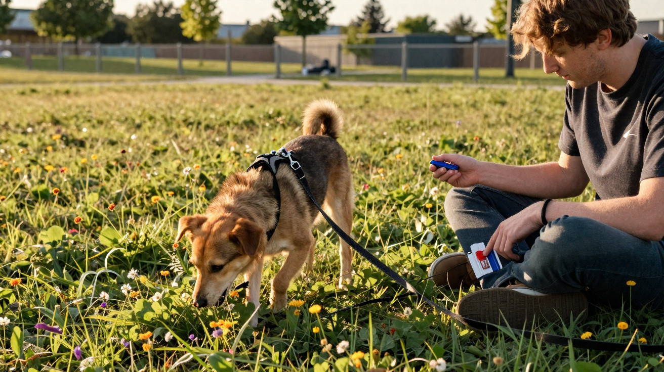 Man sitting on grass field holding dog lead while small brown dog sniffs flowers in park on sunny day
