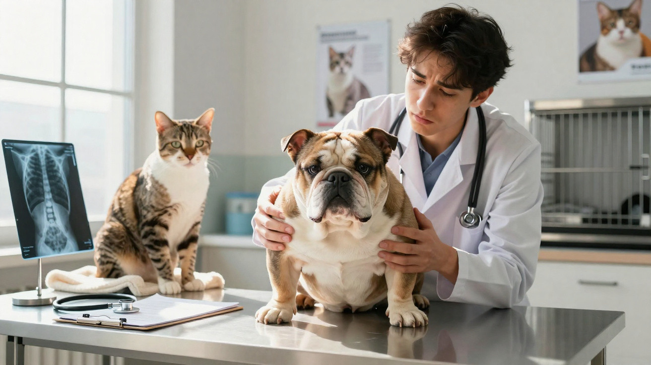 Veterinarian examining a bulldog on a metal table with a tabby cat sitting nearby in a clinic.