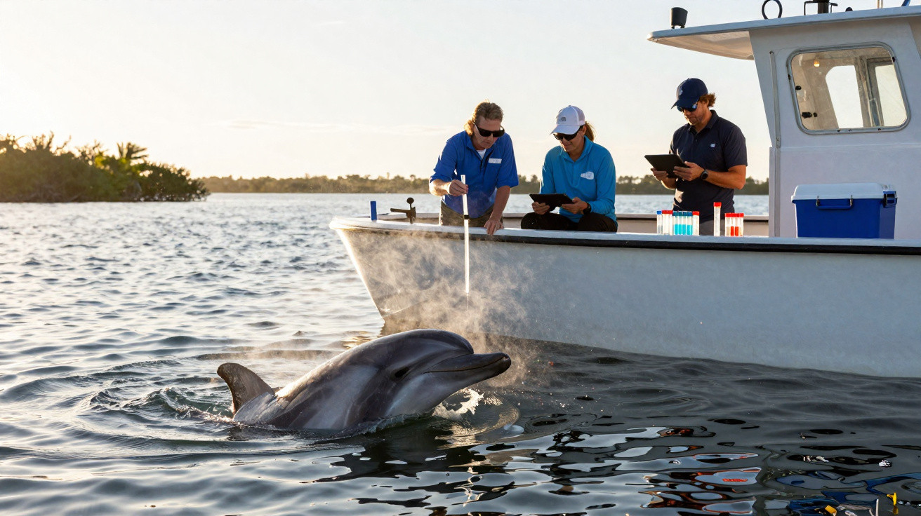 Three researchers on a boat collecting data from a dolphin in calm coastal waters at sunset.