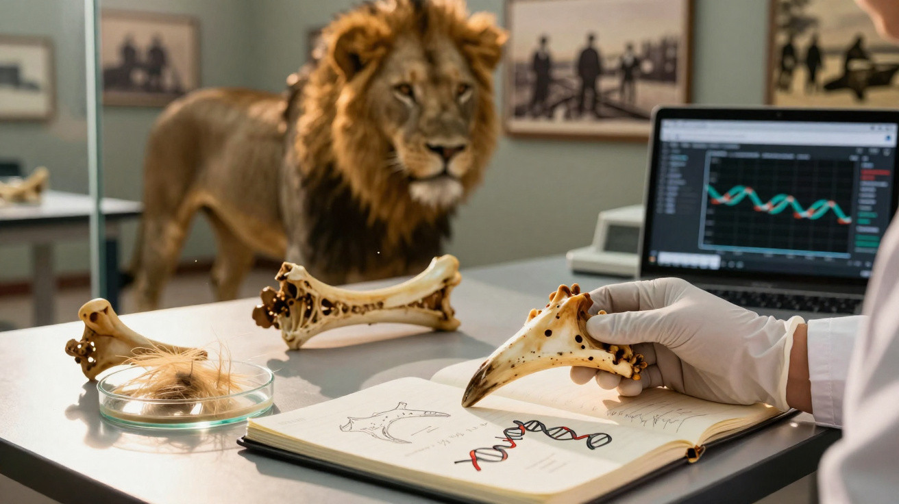 Scientist holding a lion bone fragment with sketches and DNA pattern, a lion and laptop in a research lab.