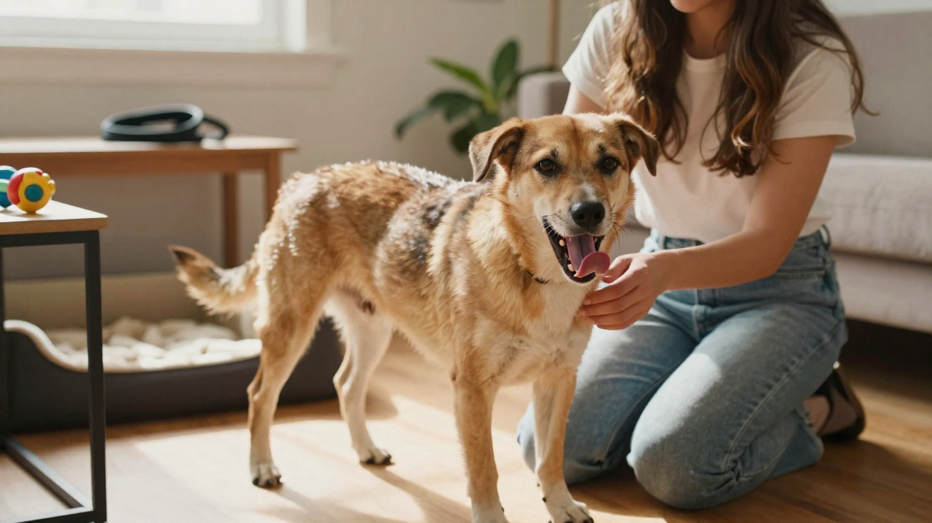 Mixed breed dog standing on wooden floor next to woman kneeling and petting it in sunlit living room.