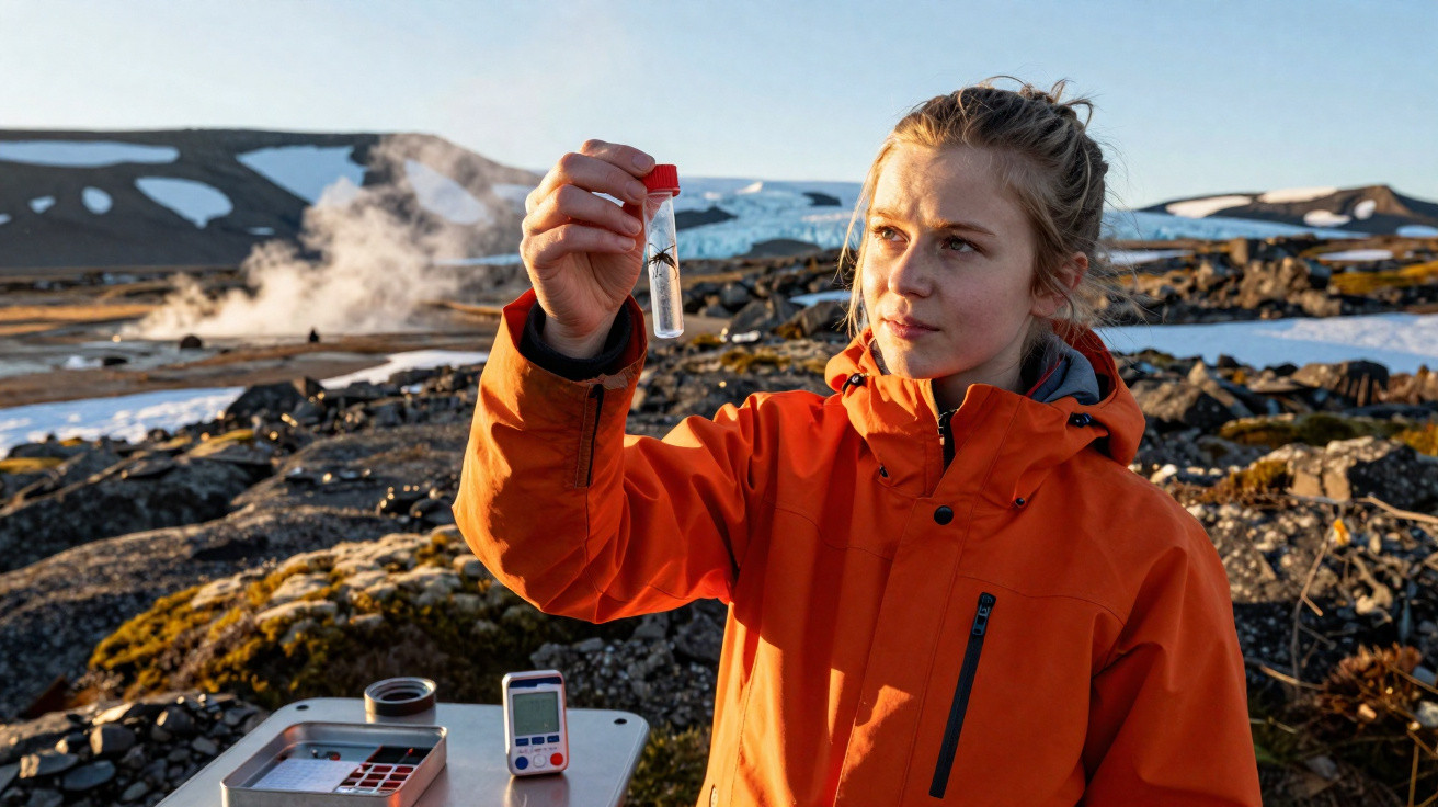 Scientist in orange jacket examining a test tube outdoors in a cold, rocky landscape with steam rising.