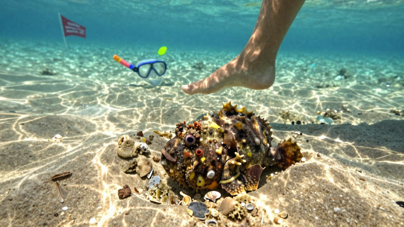 Underwater view of a snorkeler’s foot near a camouflaged frogfish on sandy seabed with shells and snorkel gear.
