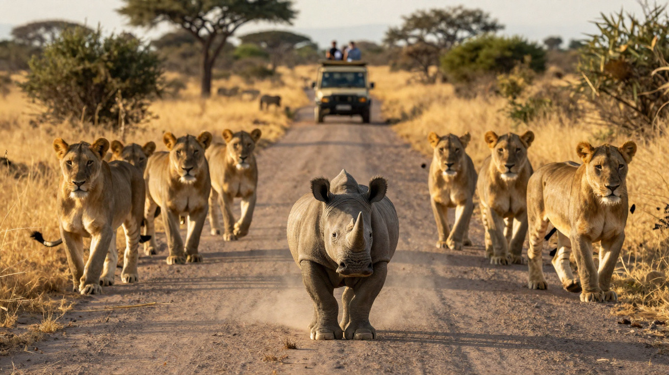 A baby rhinoceros walks down a dirt road surrounded by seven lions, with a safari vehicle in the background.