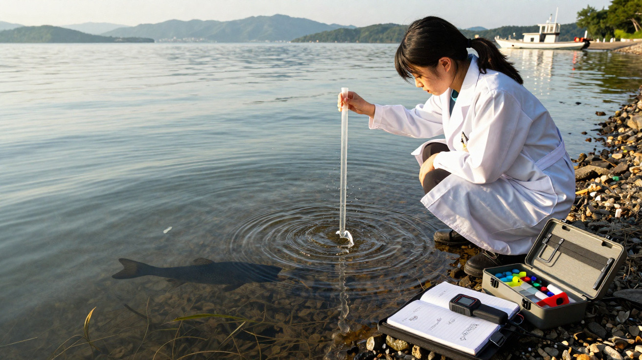 Scientist in a white lab coat collecting water samples from a lake shore with testing equipment nearby.