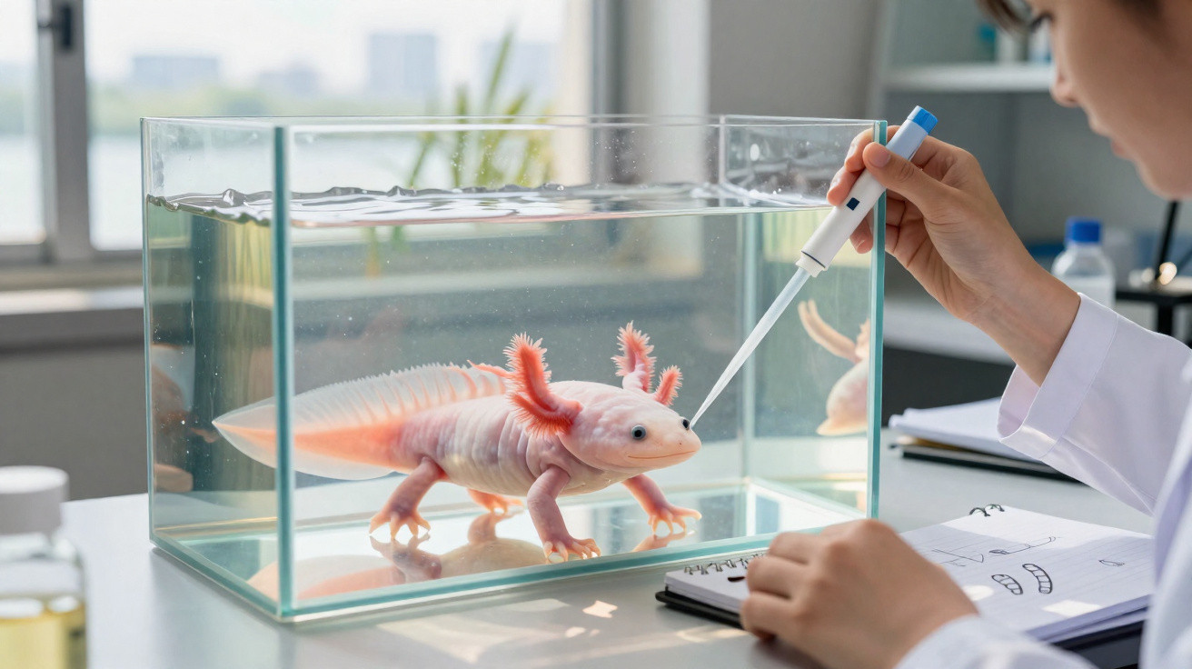 Scientist using a pipette to interact with a pink axolotl inside a glass aquarium in a laboratory.
