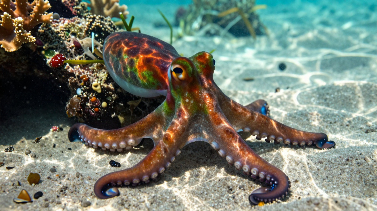 Colourful octopus resting on sandy seabed near coral and sea plants in clear shallow water.