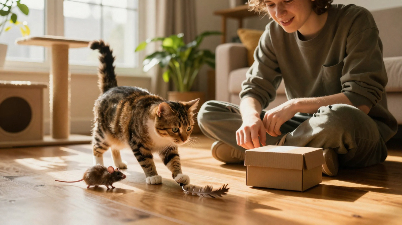 Person sitting on floor watching tabby cat play with toy mouse and feather in sunlit living room