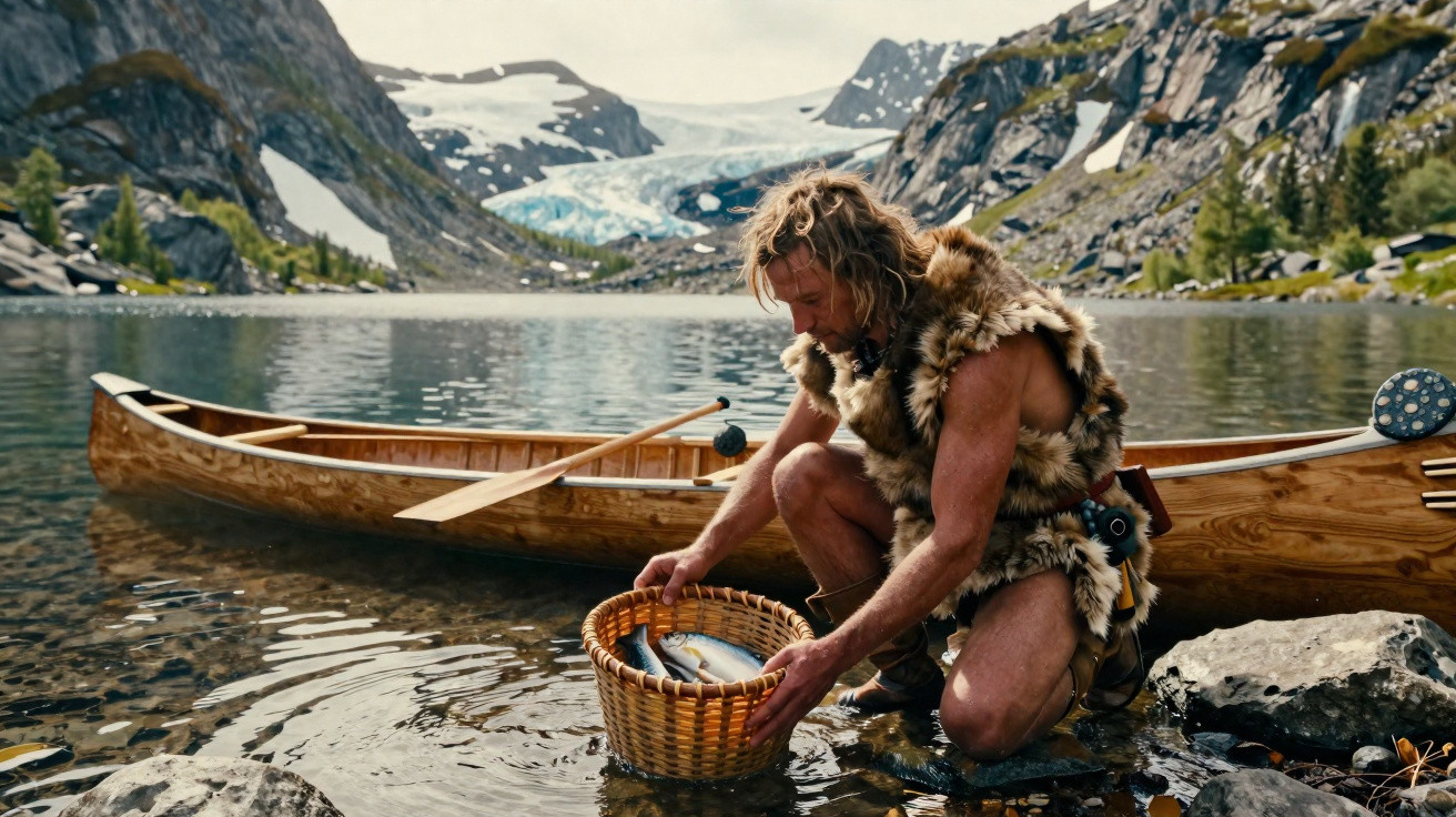 Man in fur clothing kneeling by a mountain lake, placing fish in a woven basket next to a wooden canoe.