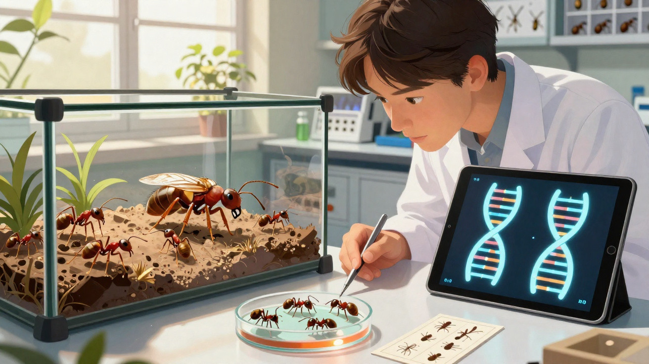 Scientist in lab coat observing ants in terrarium and petri dish with DNA images on tablet nearby.