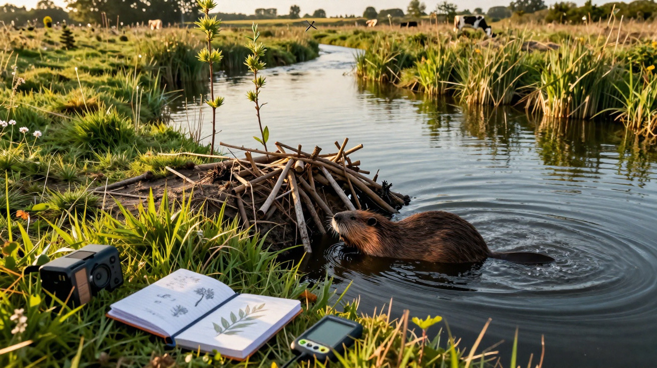 A beaver swimming in a stream near its lodge with a camera and nature journal on the grassy bank.