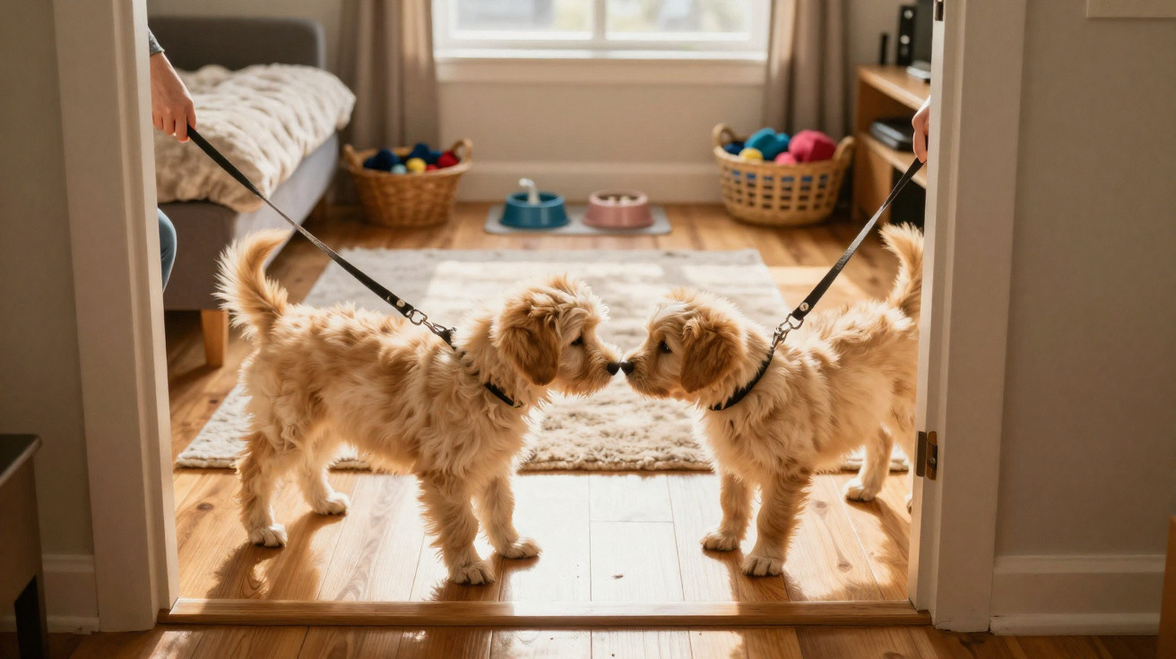Two small fluffy puppies on leashes touching noses in a cosy living room with wooden floors.