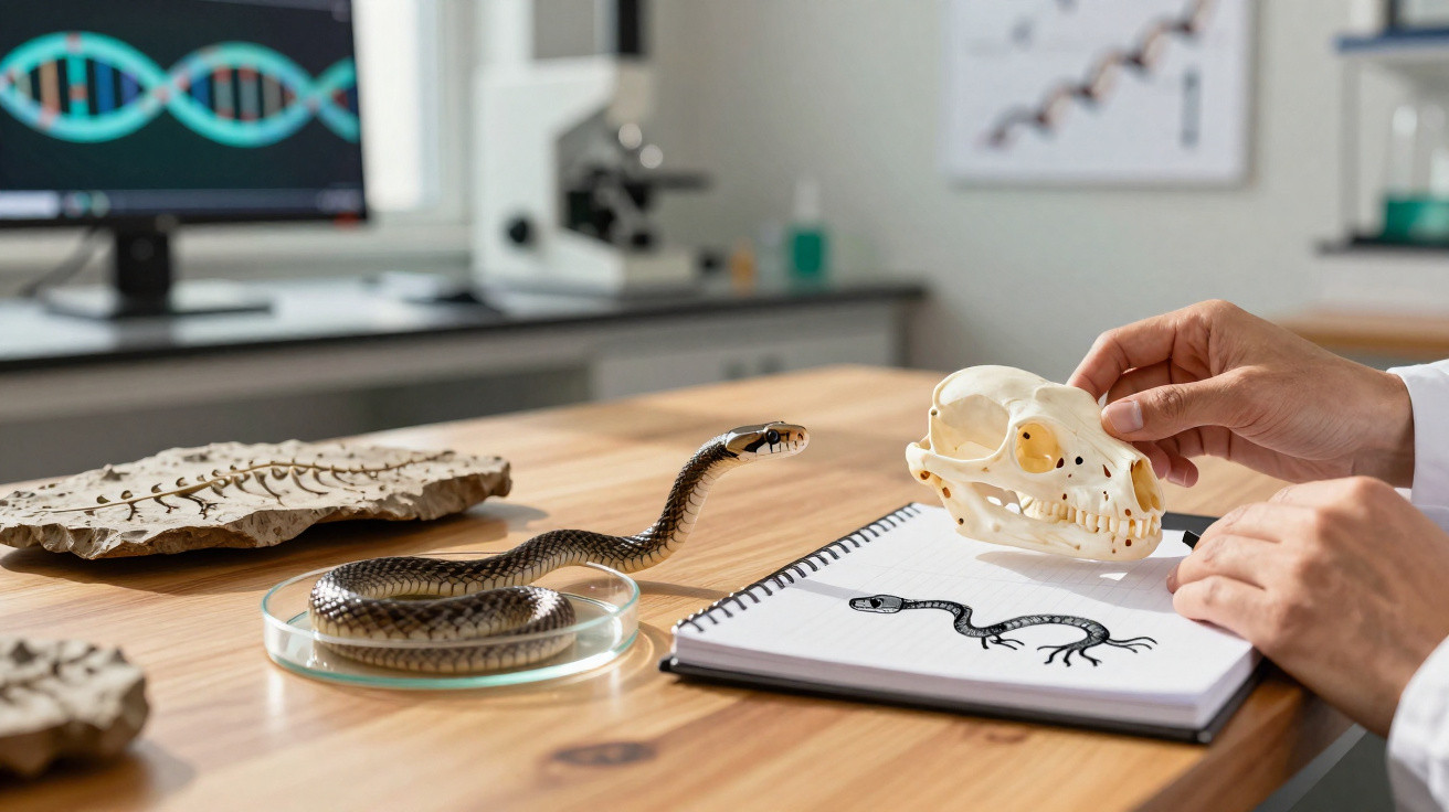 Scientist comparing a live snake with a lizard skull and a lizard drawing in a laboratory setting.