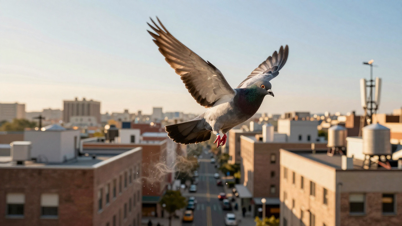 Pigeon in mid-flight over a city street with buildings and traffic in the background at sunset.