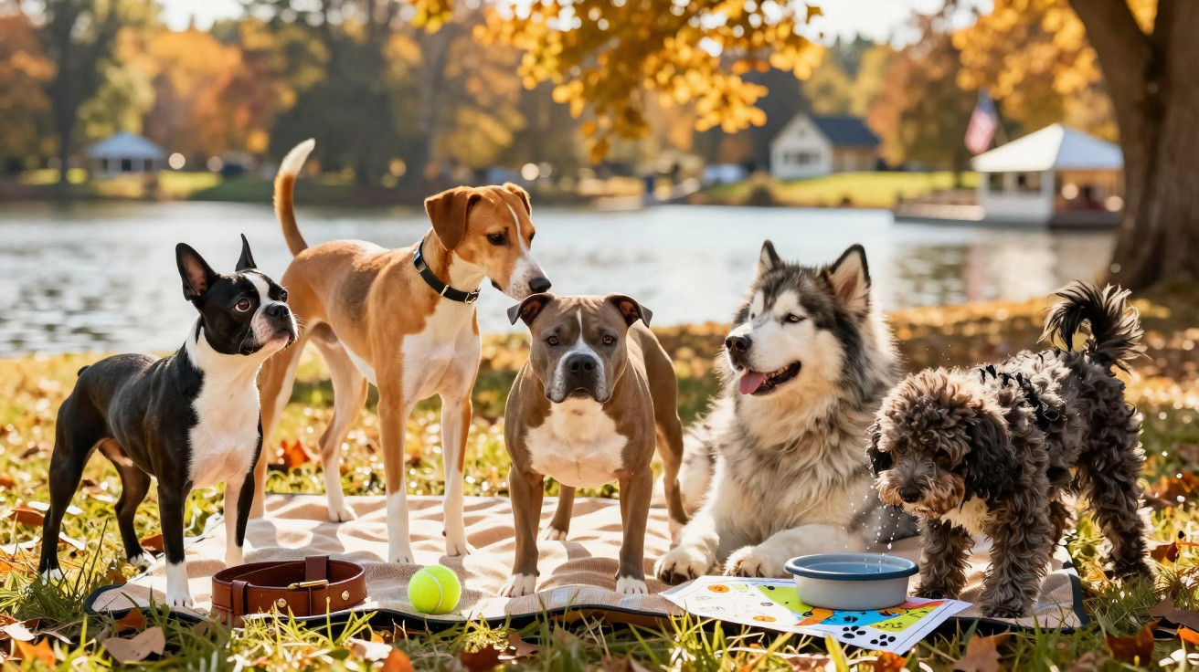 Group of five dogs sitting on a blanket by a lake with autumn leaves and trees in the background.