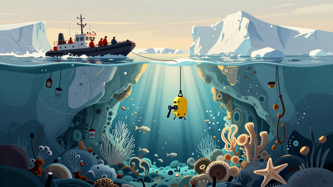 Research boat above icy waters with submarine robot exploring colourful underwater coral and marine life.