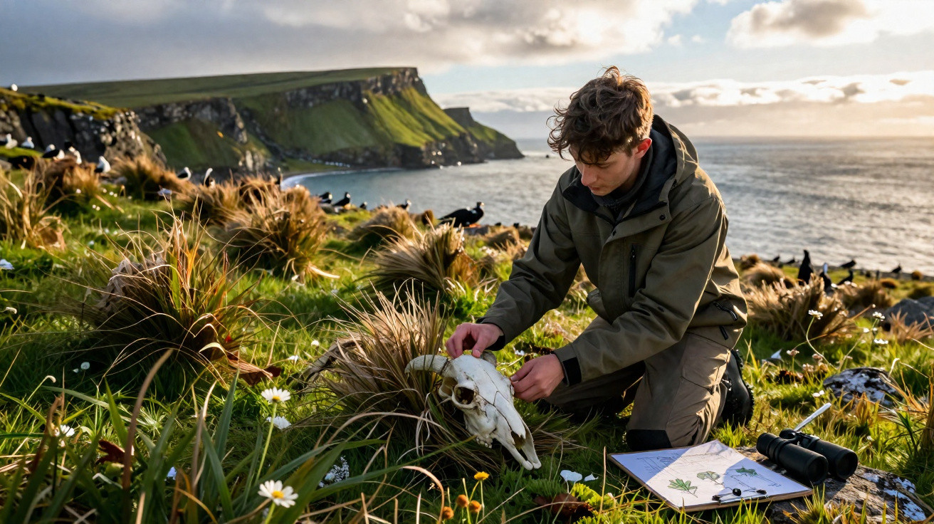 Person examining an animal skull on grassy coastal cliffs with binoculars and notes nearby at sunset.