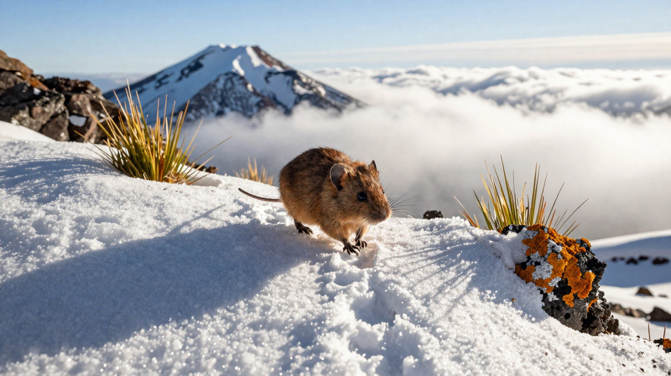 Small brown mouse on snowy mountain slope with grass tufts and distant snow-capped peak under blue sky.