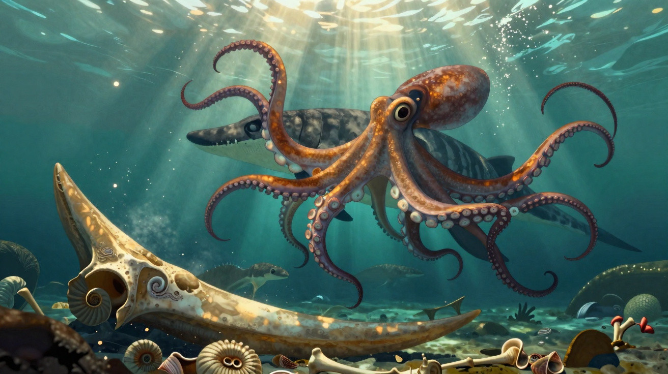 Underwater scene with a large octopus, prehistoric marine reptiles, fossils, and sunlight rays filtering through water.