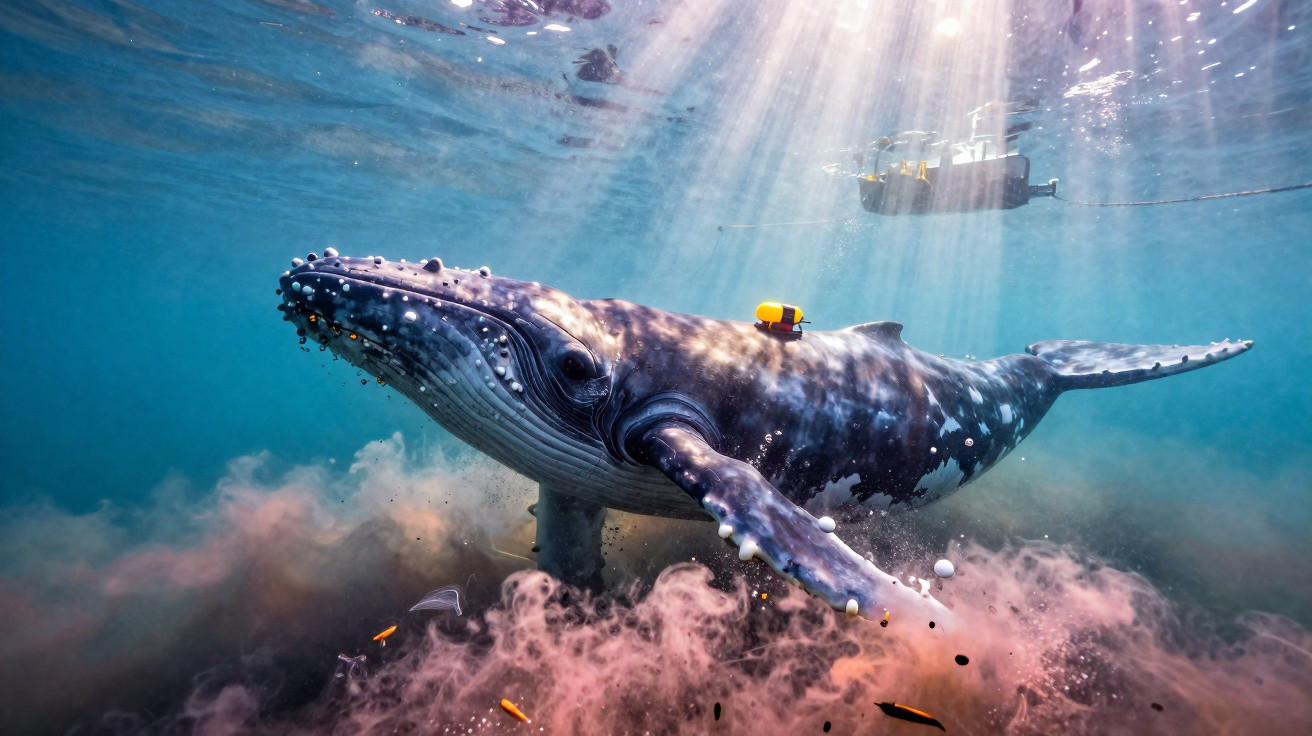 Humpback whale swimming underwater near the sea floor with a small submersible above and sun rays piercing water