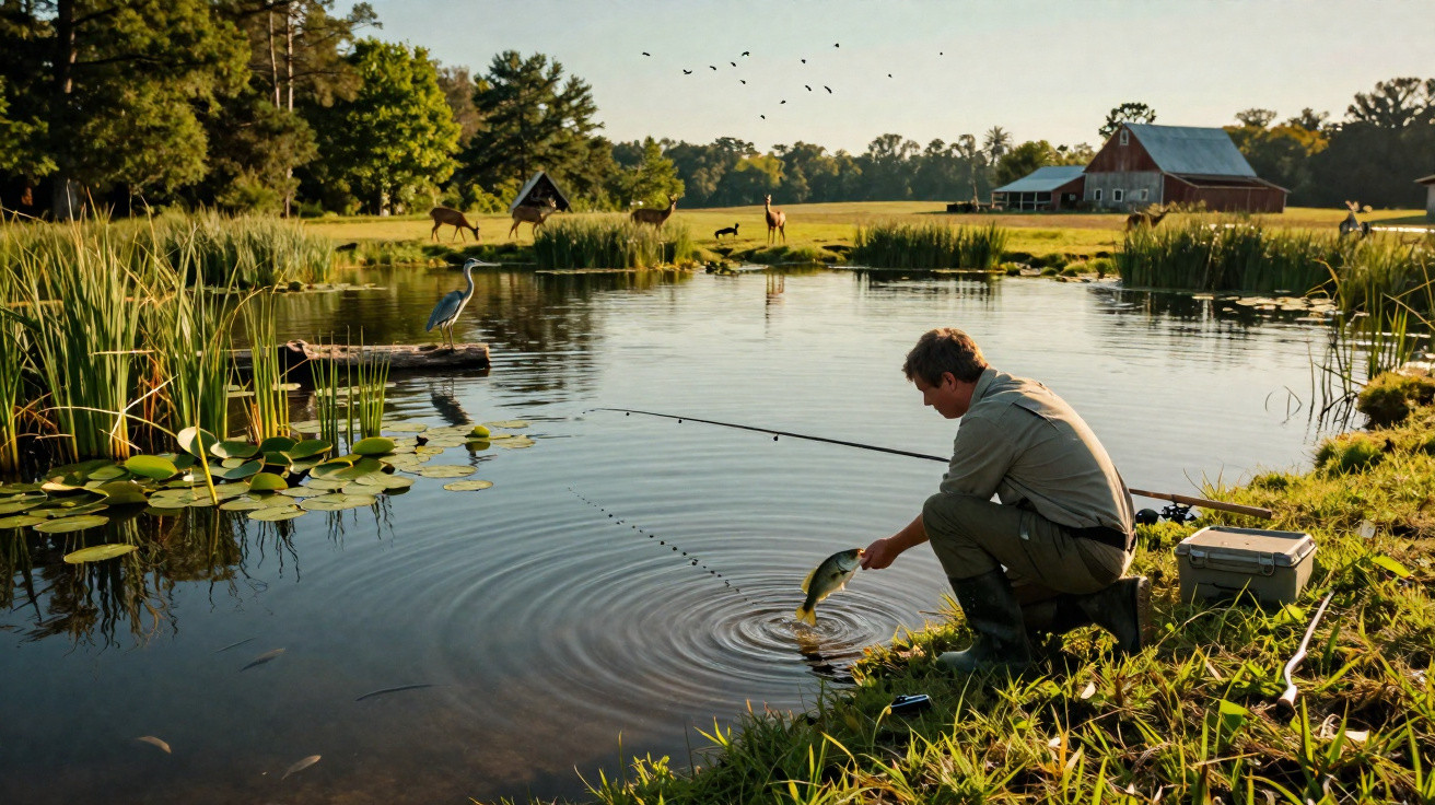 Man releasing a fish into a pond on a farm with deer, a heron, and a red barn in the background.