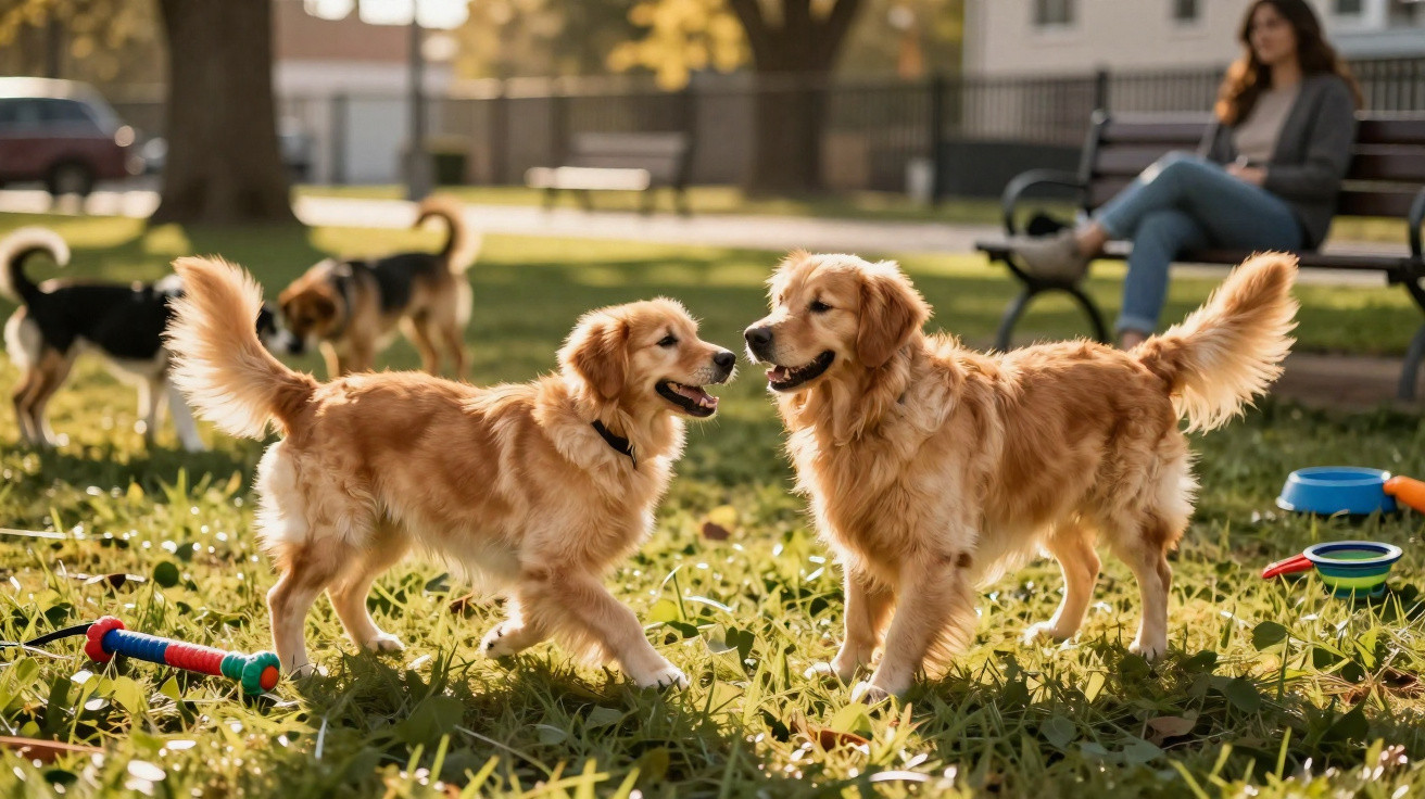 Two golden retriever dogs playing on grass in a park with toys and a person on a bench in the background.
