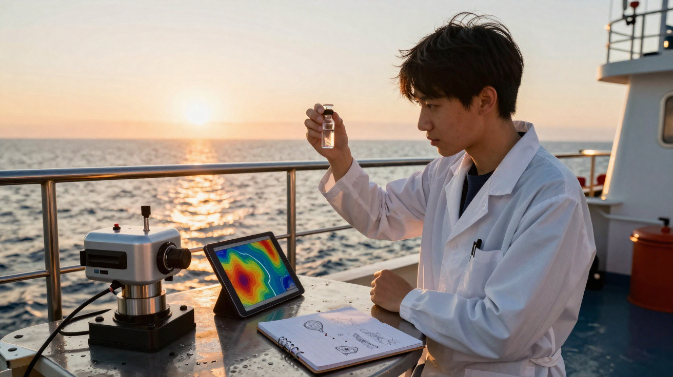 Scientist in a white coat examining a vial aboard a ship at sunset with scientific equipment and notes on a table.