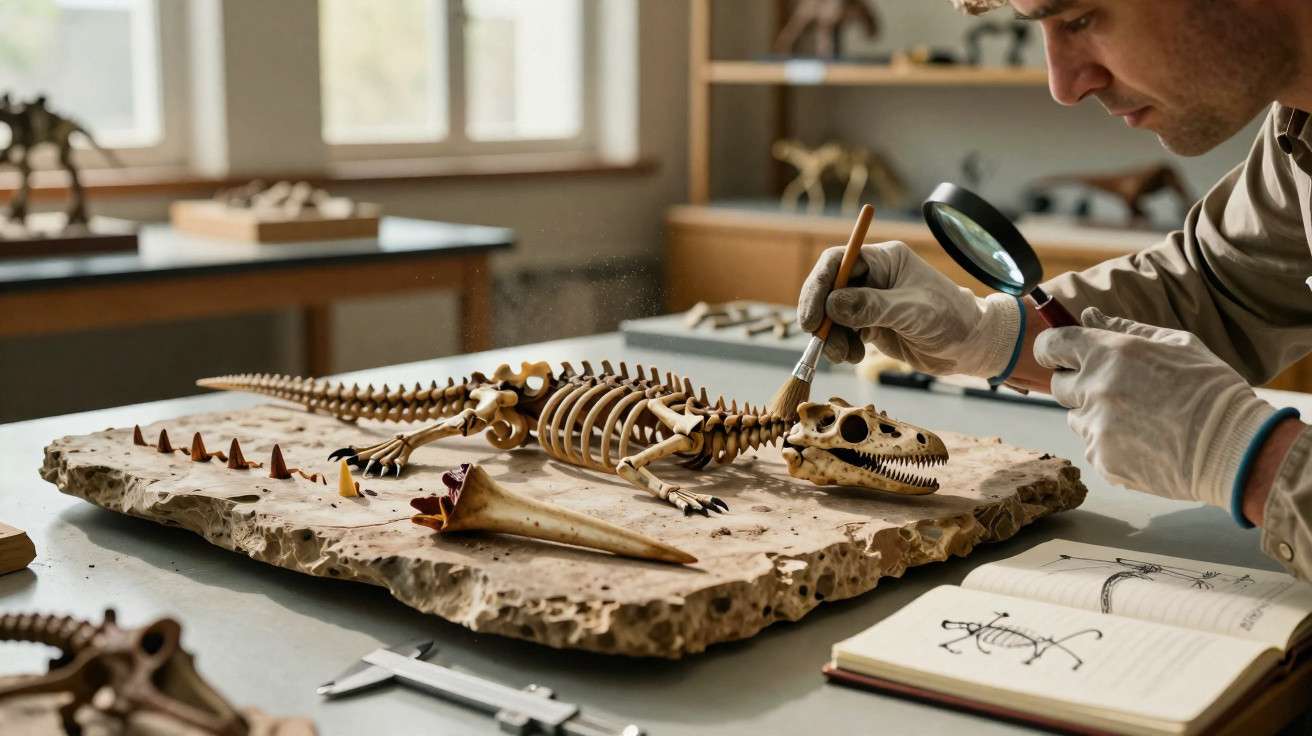 Paleontologist examining and cleaning a small dinosaur skeleton fossil on a lab table with tools and sketches.