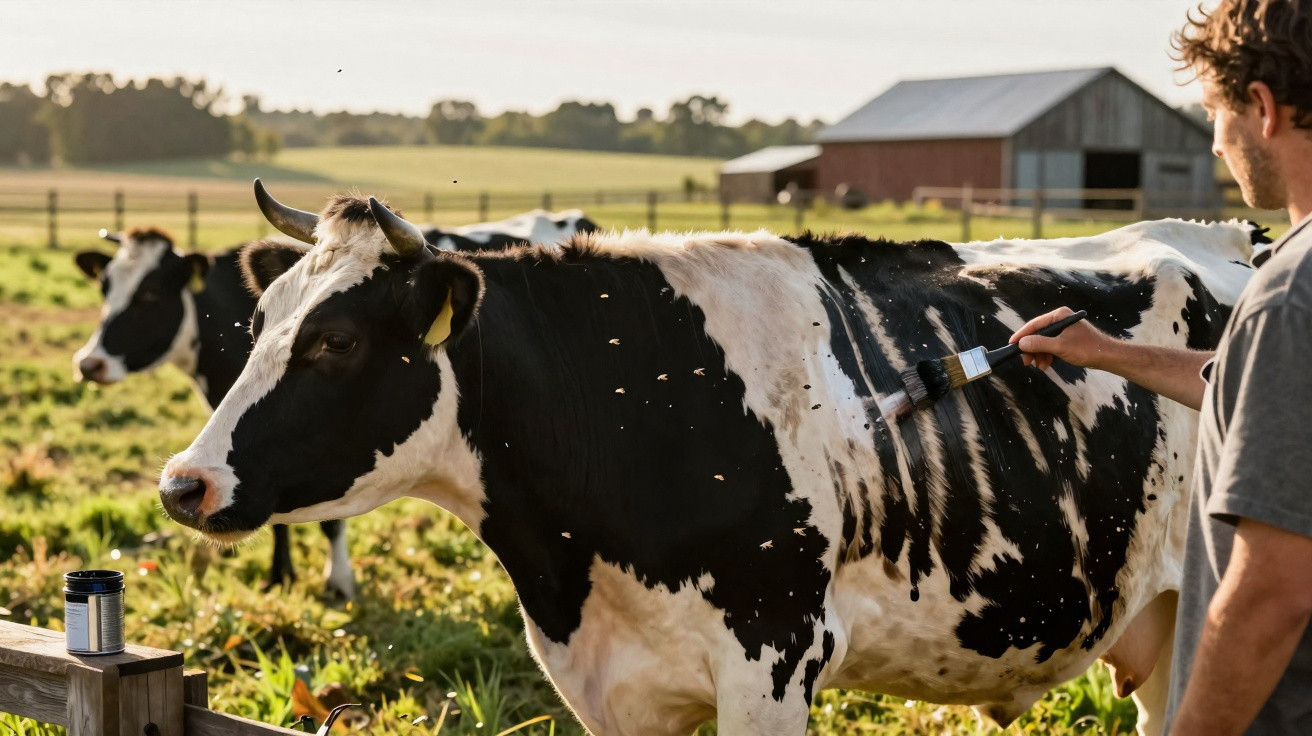Person applying fly repellent to a black and white cow in a sunny farm field with a barn in the background.